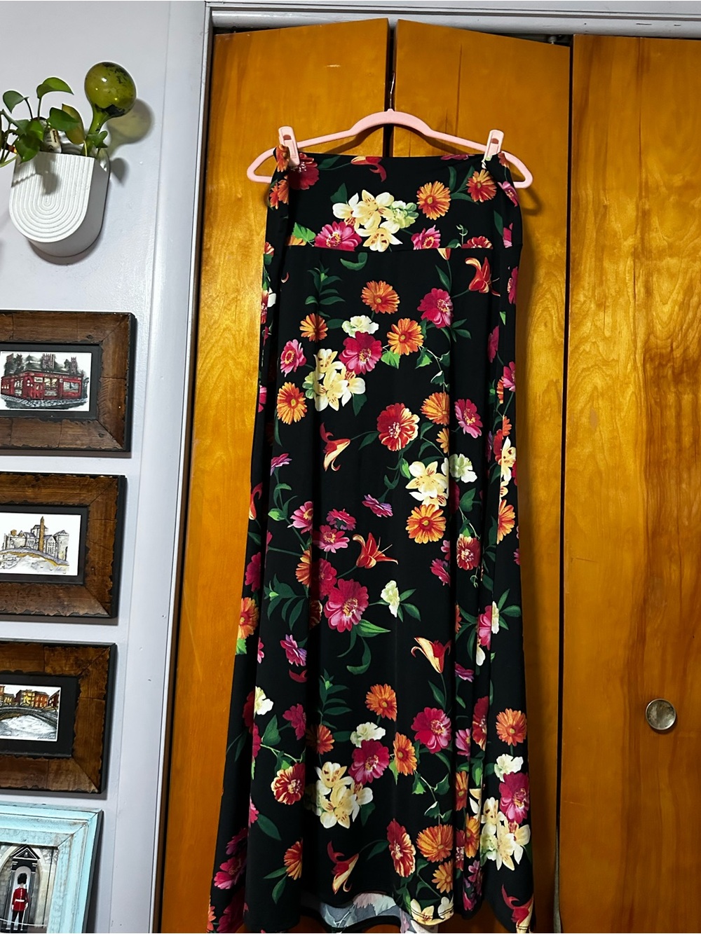 LuLaRoe Black Maxi Skirt with Pink, Yellow and Green Floral Print